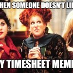 Witch timesheet | WHEN SOMEONE DOESN'T LIKE; MY TIMESHEET MEMES | image tagged in hocus pocus,timesheet reminder | made w/ Imgflip meme maker