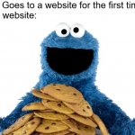 website cookies | Me: Goes to a website for the first time
The website: | image tagged in cookie monster,cookie,cookies,website,websites | made w/ Imgflip meme maker