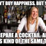 That smile. | YOU CAN’T BUY HAPPINESS, BUT YOU CAN; PREPARE A COCKTAIL. AND THAT’S KIND OF THE SAME THING. | image tagged in bartender,cocktails,liquor,happiness | made w/ Imgflip meme maker