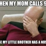 Kind of reminds me of that episode of "Beavis and Butt-Head". | WHEN MY MOM CALLS 911 BECAUSE MY LITTLE BROTHER HAS A NOSEBLEED | image tagged in memes,captain picard facepalm,911,emergency,nosebleed,not a true story | made w/ Imgflip meme maker