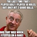 Golf | THE LAST TIME THAT I PLAYED GOLF, I PLAYED 18 HOLES, BUT ONLY HIT 2 GOOD BALLS. AND THAT WAS WHEN I STEPPED ON A RAKE! | image tagged in rodney dangerfield | made w/ Imgflip meme maker