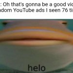 0:20 Ad 1 of 2 Video will play after ads | Me: Oh that's gonna be a good video
2 random YouTube ads I seen 76 times: | image tagged in helo,youtube ads,adtube,relatable,ridiculous | made w/ Imgflip meme maker