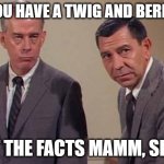 dragnet | DO YOU HAVE A TWIG AND BERRIES? JUST THE FACTS MAMM, SIR , IT | image tagged in just the facts | made w/ Imgflip meme maker