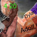 '420 is a funny number' | 4 20; Dylan Klebold; Eric Harris; Adolf Hitler; Weed | image tagged in four arm handshake,adolf hitler,weed | made w/ Imgflip meme maker