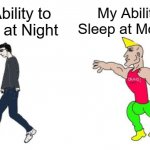 Why is this so true | My Ability to Sleep at Mornings; My Ability to Sleep at Night | image tagged in virgin vs chad,memes,funny,relatable memes,relatable,sleep | made w/ Imgflip meme maker