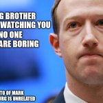 Zuckerberg | BIG BROTHER IS NOT WATCHING YOU; NO ONE 
YOU ARE BORING; PHOTO OF MARK ZUCKERBURG IS UNRELATED | image tagged in zuckerberg | made w/ Imgflip meme maker