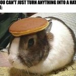 hat | "YOU CAN'T JUST TURN ANYTHING INTO A HAT"
ME: | image tagged in bunny pancake | made w/ Imgflip meme maker