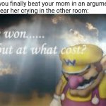 E | When you finally beat your mom in an argument but
 then hear her crying in the other room: | image tagged in i've won but at what cost,memes,mom,arguments | made w/ Imgflip meme maker