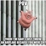 Theyre so annoying | POV; YOURE THE BABY I JUST THREW OFF AN AIRPLANE BECAUSE YOU WERE CRYING | image tagged in pig jumping off | made w/ Imgflip meme maker