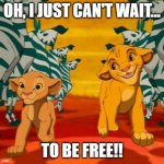 freedom | OH, I JUST CAN'T WAIT... TO BE FREE!! | image tagged in can t wait to be king | made w/ Imgflip meme maker