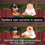 Dumb spider facts be like: | Spiders can survive in space. | image tagged in who the f k starts a conversation like that i just sat down | made w/ Imgflip meme maker
