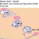 splash goes the big rock | Sewer drain: *exists*
My brain: you should put big rocks inside
5 y/o me:; HELL YES | image tagged in skeleton shut up meme,childhood,funny | made w/ Imgflip meme maker