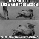 3ds piracy | O PANZER OF THE LAKE WHAT IS YOUR WISDOM; THE 3DS ESHOP IS CLOSING START PIRACY | image tagged in panzer of the lake | made w/ Imgflip meme maker