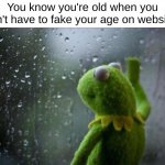 depression | You know you're old when you don't have to fake your age on websites | image tagged in sad kermit,smellydive,sad,age,old | made w/ Imgflip meme maker