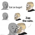 Chad approaching npc | Eat ze bugs!! Zap the sats. | image tagged in chad approaching npc | made w/ Imgflip meme maker