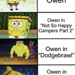 SpongeBob Strength | Owen; Owen in “Not So Happy Campers Part 2”; Owen in “Dodgebrawl”; Owen in “I Triple Dog Dare You” | image tagged in spongebob strength,memes,total drama,funny,spongebob | made w/ Imgflip meme maker