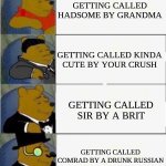 Mother Russia | GETTING CALLED HADSOME BY GRANDMA; GETTING CALLED KINDA
CUTE BY YOUR CRUSH; GETTING CALLED SIR BY A BRIT; GETTING CALLED COMRAD BY A DRUNK RUSSIAN | image tagged in tuxedo winnie the pooh 4 panel,grandma,crush,british,russian,fancy pooh | made w/ Imgflip meme maker