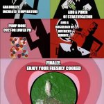 power puff girls | FIRST, GRADUALLY INCREASE TEMPERATURE; ADD A PINCH OF STRATIFICATION; AND A BUCKLOAD OF NUTRIENT RUNOFF. . . PUMP MORE CO2 FOR LOWER PH; FINALLY, 
ENJOY YOUR FRESHLY COOKED; ALGAL BLOOM! | image tagged in power puff girls | made w/ Imgflip meme maker