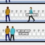 Return to Office | REMOTE WORKER; COMPANIES; WE GO BACK TO OFFICE; BUT WHY ? | image tagged in bathroom,work from home | made w/ Imgflip meme maker