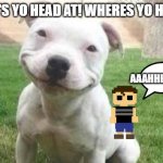 Smiling Pitbull | WHERE'S YO HEAD AT! WHERES YO HEAD AT! AAAHHHHHH!!!! | image tagged in smiling pitbull | made w/ Imgflip meme maker