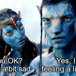 A little blue | Yes, I am feeling a little blue; Are you OK? You look a bit sad | image tagged in avatar azul o dorado,bad pun,sad,blue,funny | made w/ Imgflip meme maker