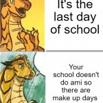 Sunny Drake Hotline | It's the last day of school; Your school doesn't do ami so there are make up days | image tagged in sunny drake hotline | made w/ Imgflip meme maker