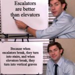 Escalators are better than elevators | Escalators are better than elevators; Because when escalators break, they turn into stairs, and when elevators break, they turn into vertical graves | image tagged in jim halpert explains,funny | made w/ Imgflip meme maker