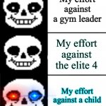 Anyone who has dark intentions will understand this Pokémon meme | My effort against a gym leader; My effort against the elite 4; My effort against a child | image tagged in sans | made w/ Imgflip meme maker