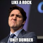 Like a rock | LIKE A ROCK; ONLY DUMBER | image tagged in justine trudeau scowl,like a rock,rock,dumber | made w/ Imgflip meme maker