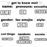 get to know me | IDK; STAIGHT; REMY; NONE; BOY; SUIT; IMGFLIP ROBLOX; I GOT ADHD; I THINK I HAVE OCD | image tagged in get to know me | made w/ Imgflip meme maker