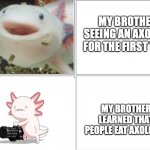 More-or-less accurate | MY BROTHER SEEING AN AXOLOTL FOR THE FIRST TIME; MY BROTHER LEARNED THAT PEOPLE EAT AXOLOTLS | image tagged in axolotl,little brother,fun | made w/ Imgflip meme maker