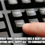 Stop with the Reply All! | WHEN YOUR COWORKER HAS A BABY AND EVERYONE HITS "REPLY ALL" TO CONGRATULATE | image tagged in delete | made w/ Imgflip meme maker