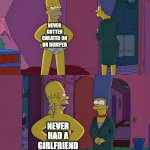 Homer simpson girlfriend meme | NEVER GOTTEN CHEATED ON OR DUMPED NEVER HAD A GIRLFRIEND | image tagged in homer simpson's back fat,memes,funny,lol,the simpsons,fun | made w/ Imgflip meme maker