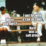 Forrest Gump | I got hit with a can of coke. Were you hurt? No, it was a soft drink. | image tagged in forrest gump on park bench bus bench with black woman,hit with can,were you hurt,soft drink,fun | made w/ Imgflip meme maker