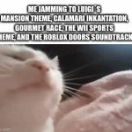 If you know all of these songs you are either obsessed with videogames or a legend | ME JAMMING TO LUIGI´S MANSION THEME, CALAMARI INKANTATION, GOURMET RACE, THE WII SPORTS THEME, AND THE ROBLOX DOORS SOUNDTRACK. | image tagged in gifs,luigi,doors,kirby,music,splatoon | made w/ Imgflip video-to-gif maker