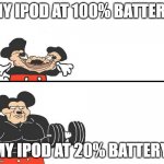 the Ipod is stronger dead than alive | MY IPOD AT 100% BATTERY; MY IPOD AT 20% BATTERY | image tagged in micky mouse | made w/ Imgflip meme maker