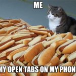Minimum 50 | ME; MY OPEN TABS ON MY PHONE | image tagged in too many hot dogs,funny memes,meme,lol,funny | made w/ Imgflip meme maker