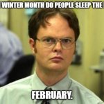 Daily Bad Dad Joke Feb 28 2023 | WHICH WINTER MONTH DO PEOPLE SLEEP THE LEAST? FEBRUARY. | image tagged in dwight shrute | made w/ Imgflip meme maker