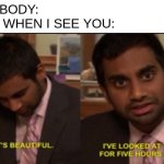 I hope your week's going well...I currently can't sleep :) | NOBODY:
ME WHEN I SEE YOU: | image tagged in this is beautiful ive looked at it for 5 hours now,wholesome | made w/ Imgflip meme maker