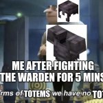 In terms of money, we have no money | ME AFTER FIGHTING THE WARDEN FOR 5 MINS; TOTEMS; TOTEMS | image tagged in in terms of money we have no money | made w/ Imgflip meme maker