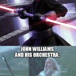 Darth Maul Ignites Second Blade with John "Gandalf" Williams | DARTH MAUL:
*IGNITES HIS SECOND BLADE*; JOHN WILLIAMS AND HIS ORCHESTRA: | image tagged in darth maul gandalf,john williams,darth maul,gandalf | made w/ Imgflip meme maker