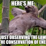 Lazy Sloth | HERE'S ME:; JUST OBSERVING THE LAW OF THE CONSERVATION OF ENERGY | image tagged in lazy sloth,law,physics | made w/ Imgflip meme maker