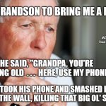 elderly old man | ASKED MY GRANDSON TO BRING ME A NEWSPAPER; MEMEs by Dan Campbell; HE SAID, "GRANDPA, YOU'RE GETTING OLD  . . .  HERE, USE MY PHONE."; SO I TOOK HIS PHONE AND SMASHED IT AGAINST THE WALL, KILLING THAT BIG OL' SPIDER | image tagged in elderly old man | made w/ Imgflip meme maker