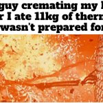 Now who's getting cremated? | The guy cremating my body after I ate 11kg of thermite
(he wasn't prepared for it) | image tagged in skeleton on fire,memes | made w/ Imgflip meme maker