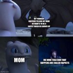 Kids are stupid | MY YOUNGER BROTHER TELLING MY MOM HE WANTS TO BE A RAPIST WHEN HE GROWS UP; MOM; ME WHO TOLD HIM THAT RAPPERS ARE CALLED RAPISTS | image tagged in night fury,memes | made w/ Imgflip meme maker