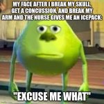Mike Sully Face Swap | MY FACE AFTER I BREAK MY SKULL, GET A CONCUSSION, AND BREAK MY ARM AND THE NURSE GIVES ME AN ICEPACK:; "EXCUSE ME WHAT" | image tagged in mike sully face swap | made w/ Imgflip meme maker