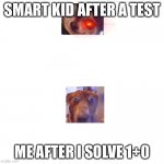 Smart doggo vs dum doggo | SMART KID AFTER A TEST; ME AFTER I SOLVE 1+0 | image tagged in smart doggo vs dum doggo | made w/ Imgflip meme maker
