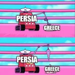The Greco-Persian Wars In A Nutshell | PERSIA; GREECE; PERSIA; GREECE; PERSIA; GREECE; PERSIA; GREECE; PERSIA; GREECE; GREECE | image tagged in pain bot vs silkie,greco persian wars,greco-persian wars,greece,persia,nutshell | made w/ Imgflip meme maker