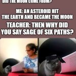 Sage | TEACHER: WHERE DID THE MOON COME FROM? ME: AN ASTEROID HIT THE EARTH AND BECAME THE MOON; TEACHER: THEN WHY DID YOU SAY SAGE OF SIX PATHS? | image tagged in cat looking at test | made w/ Imgflip meme maker