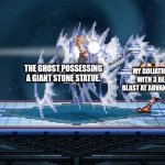 Eldritch Fist: Striking Snakes! | THE GHOST POSSESSING A GIANT STONE STATUE. MY GOLIATH WARLOCK HITTING WITH 3 BEAMS OF ELDRITCH BLAST AT ADVANTAGE, AT CLOSE RANGE. | image tagged in luffy jet gatling,dungeons and dragons | made w/ Imgflip meme maker